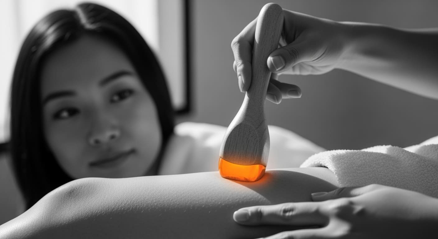 Composition "flat lay" avec les différents outils en bois sur un fond de lin, avec des éléments naturels comme des feuilles ou des fleurs au centre Derma Fit Center